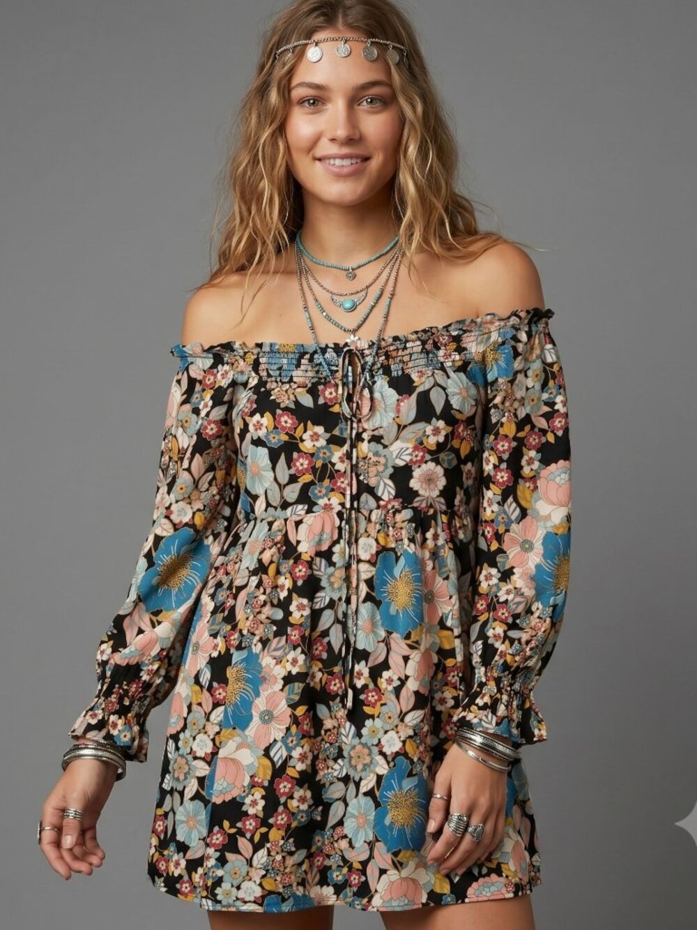 Angie SZ Small Off-Shoulder Floral Festival Babydoll Dress Boho Fairy Artsey